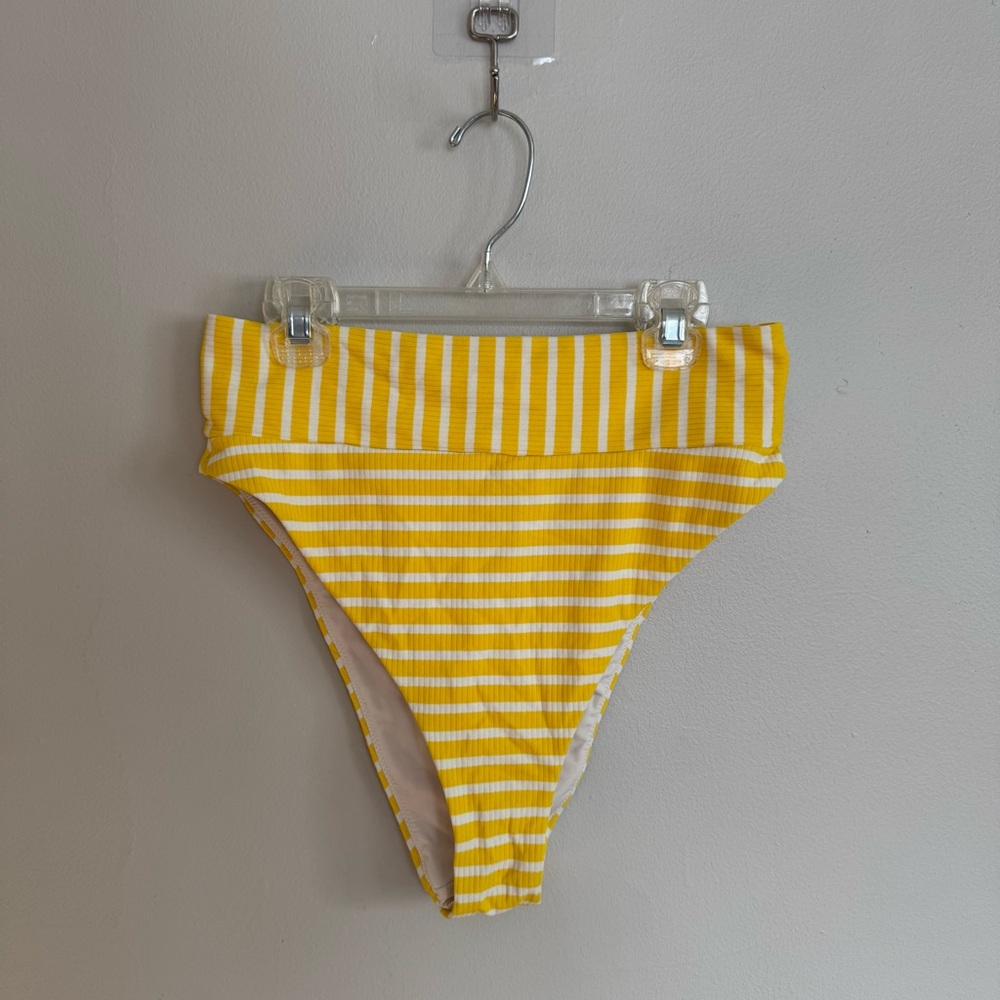 Aerie high rise striped yellow and white ribbed cheeky bikini bottoms
